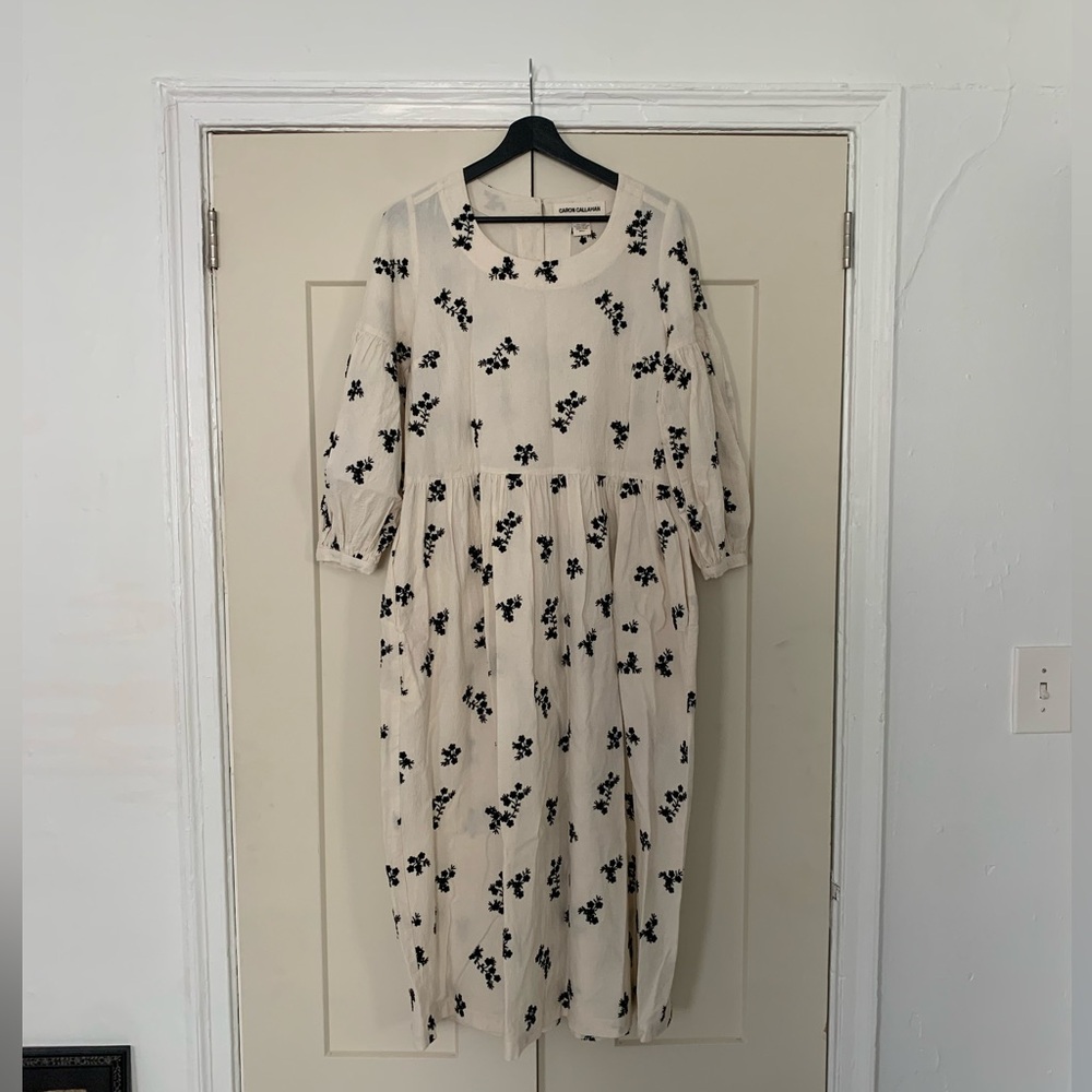 Caron Callahan Violetta Dress in Off-White with Black Embroidered Floral